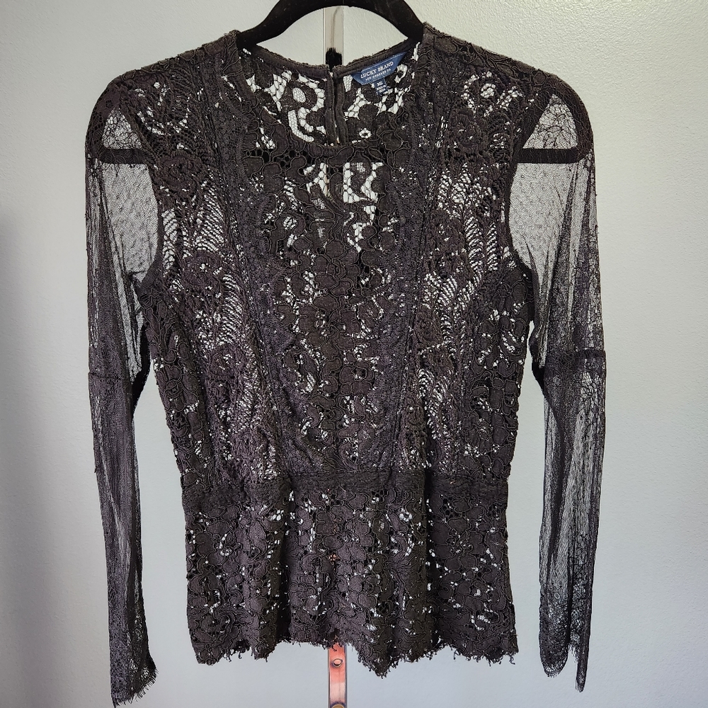Lucky Brand Floral Lace Mesh Long Sleeve Sheer High Neck Blouse Women's XS Black
